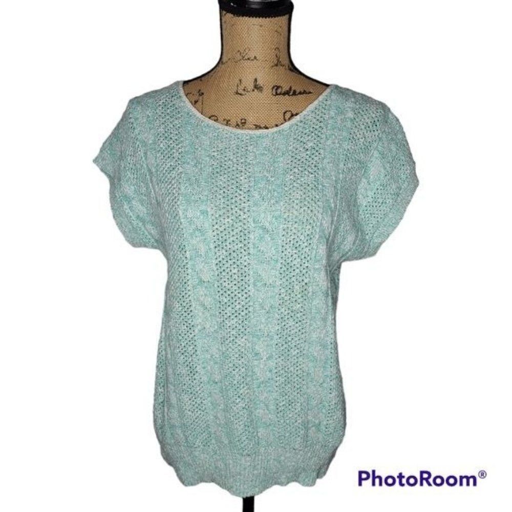 Vintage 70's 80's Light Green Knit Boho Short Sleeve Top